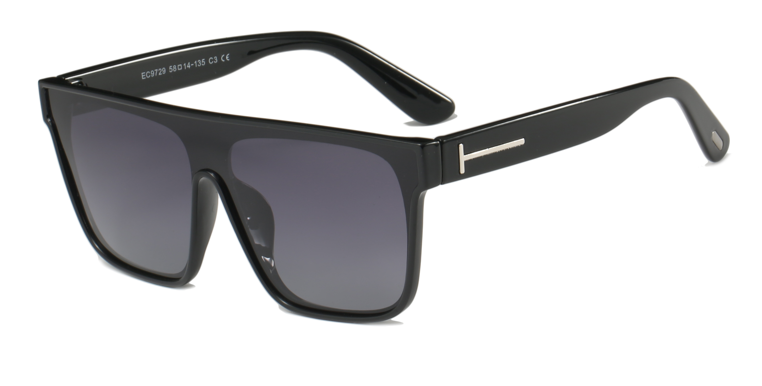 Enrique Cavaldi Large Frame One Piece Lens Metal Stripes Decorative Thick Legs Polarized Sunglasses 9729