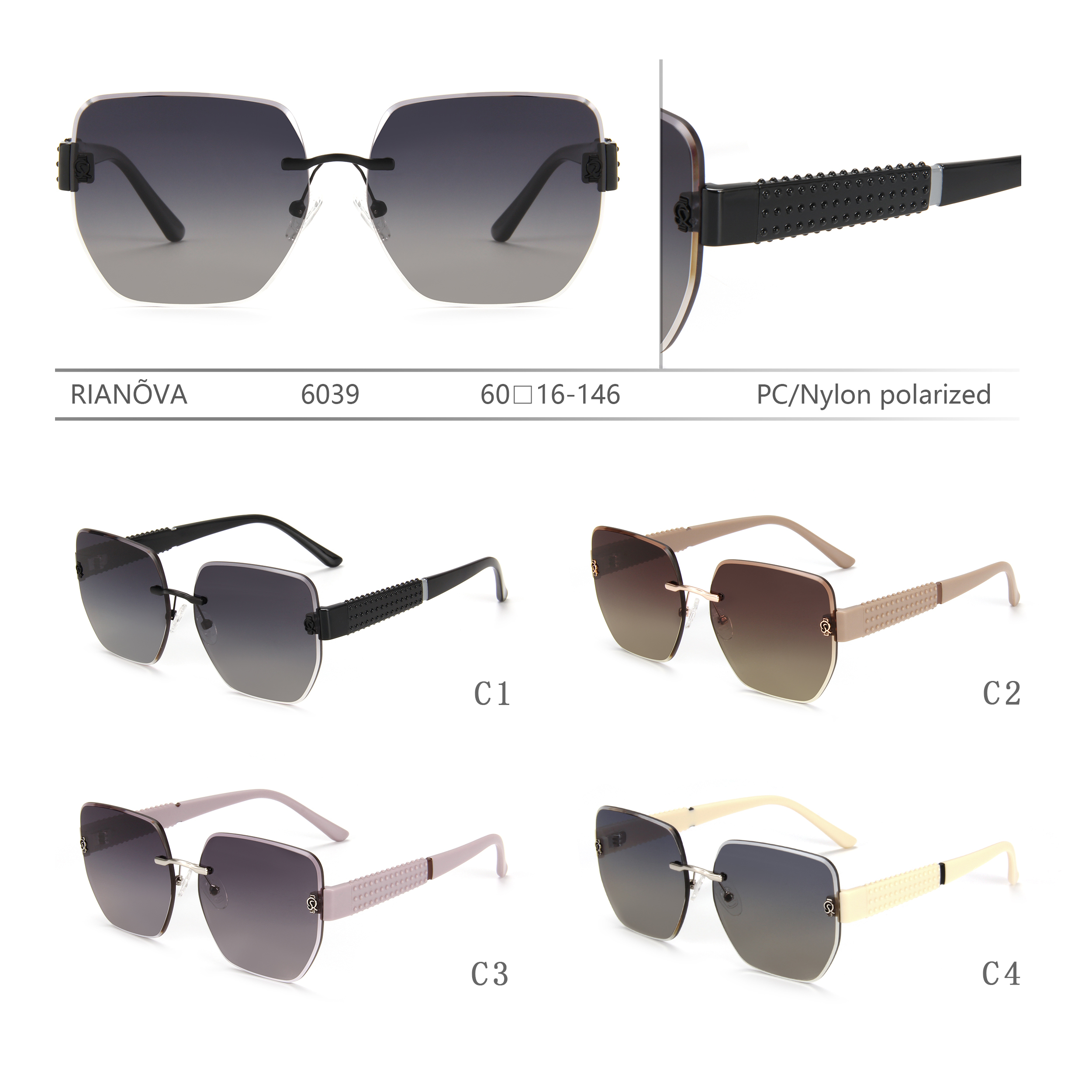RIANOVA frameless polarized sunglasses square frame 6039