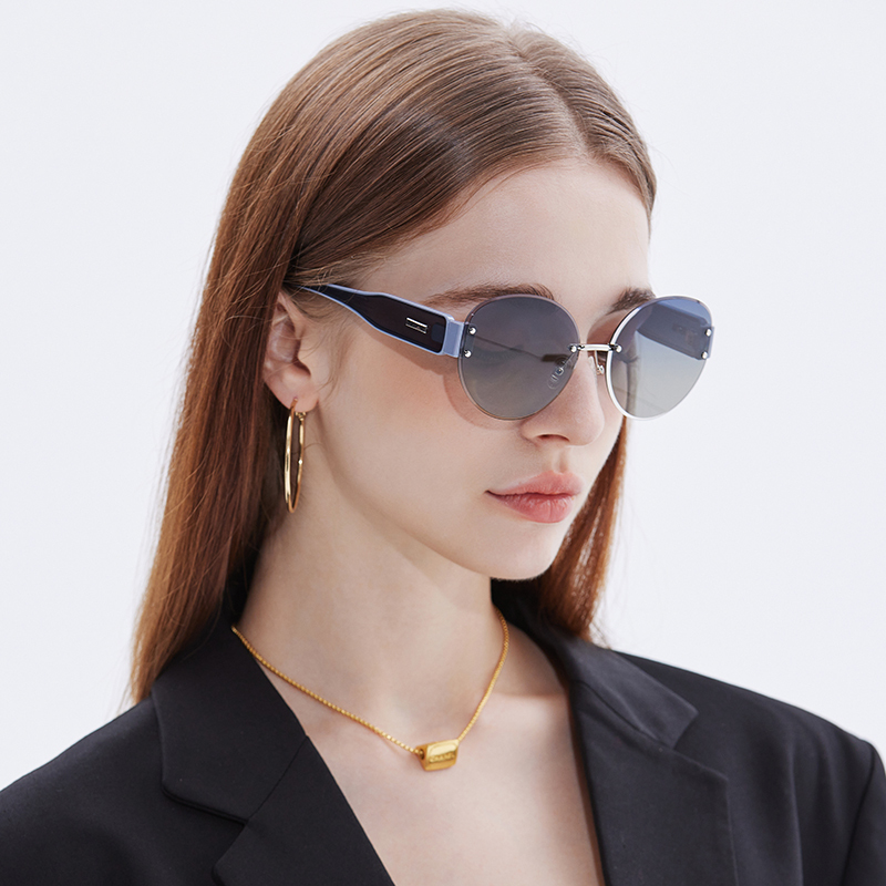 RIANOVA round rimless thick temples polarized sunglasses 6010