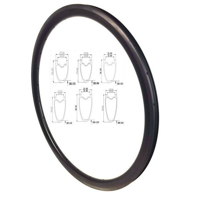 700C Tubeless Road Bike Carbon Rims Light 30mm 35mm 40mm 45mm 55mm Profiles Rim Brake 25mm Width