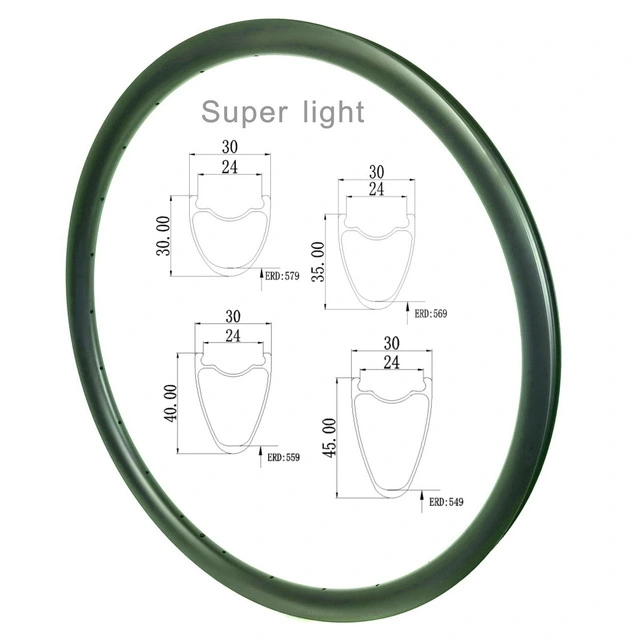 Light 700C Road Carbon Rims 30mm Width 30mm 35mm 40mm 45mm Profiles Tubeless With Hook
