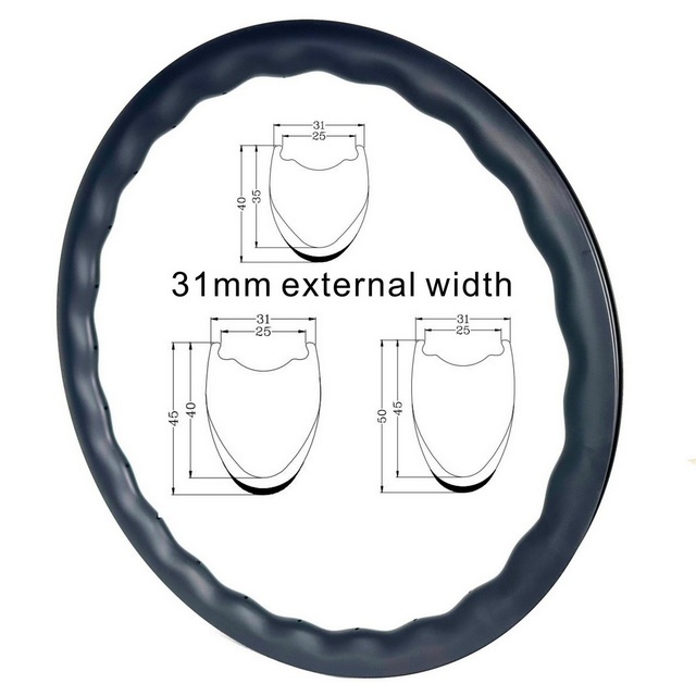 700C Super Light Gravel Carbon Rims 31mm External Width 25mm Inner Width Wave Design Tubeless Ready 40MM 45MM 50MM