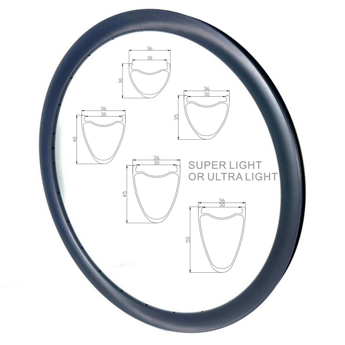 700C Super Light Gravel Bike Carbon Rims 36mm External Width 30mm Internal Width Tubeless Width Hook Toray T800