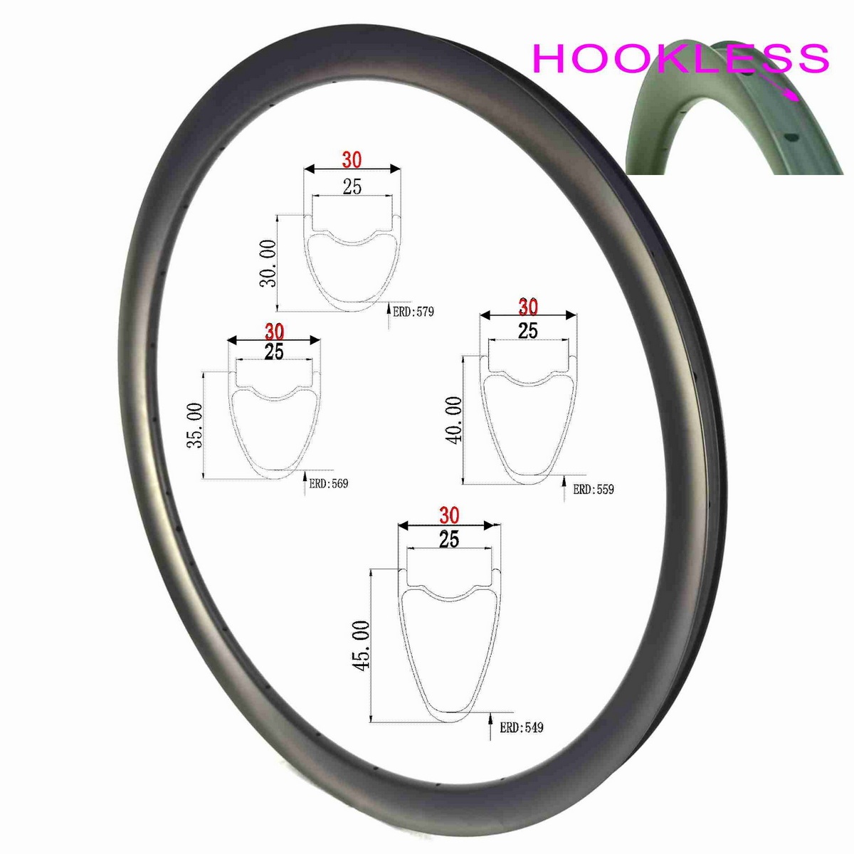 Super Light 700C Gravel Carbon Rims 30MM External Width 25mm Internal Width 30mm 35mm, 40mm 45mm 50mm Profiles Tubeless