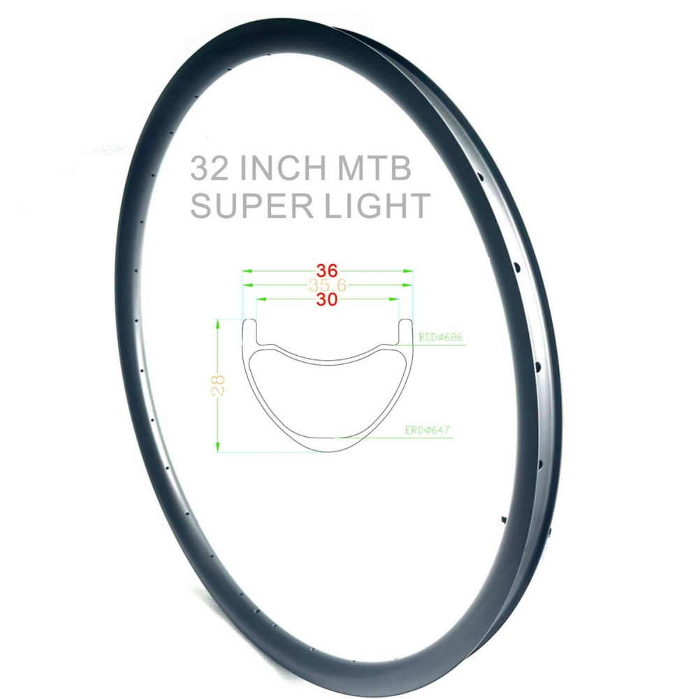 32 inch MTB Carbon Rims 36mm External width 30mm Inner Width Tubeless Hook or Hookless Super Light