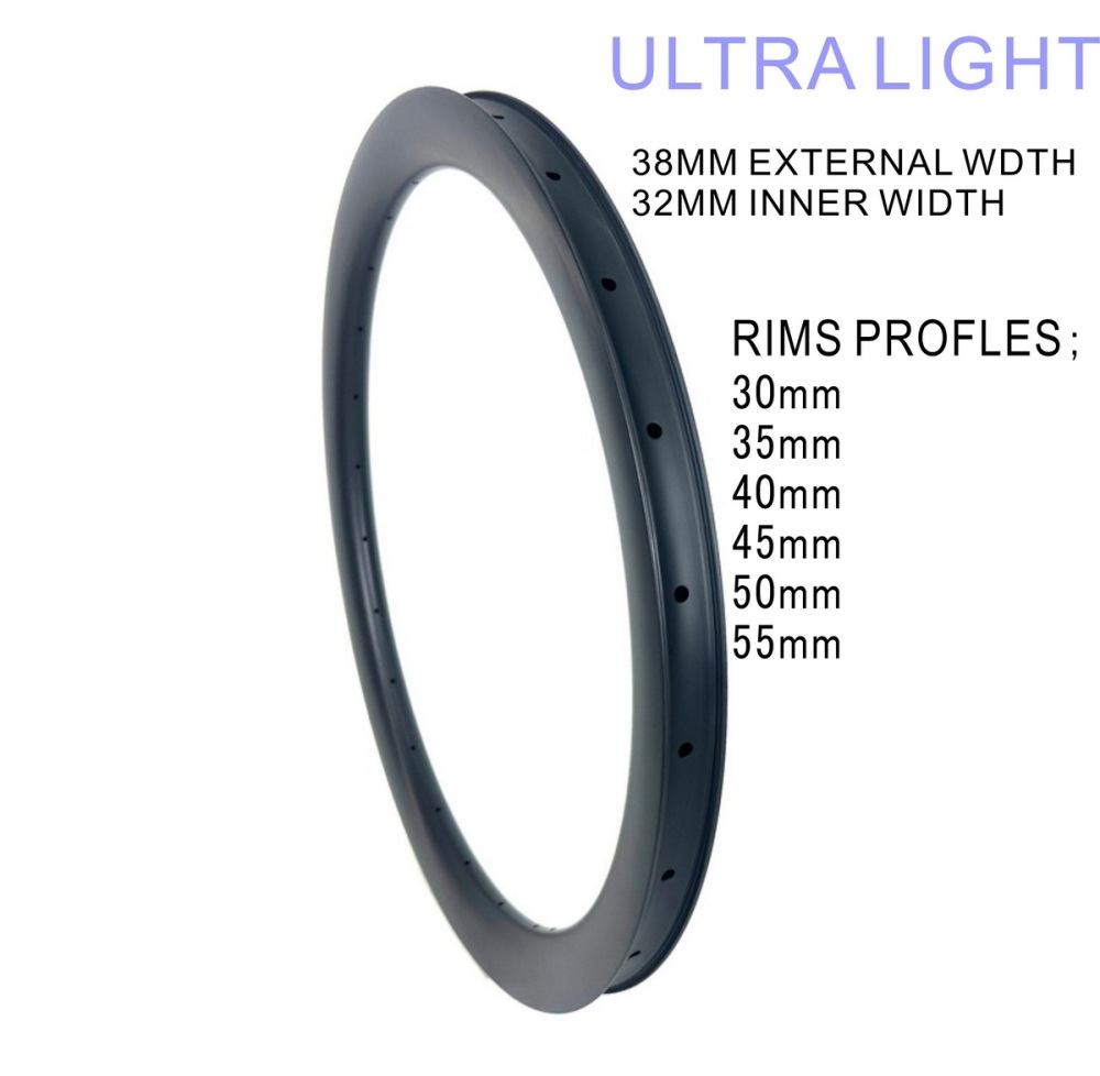 700C 32MM Inner Width Gravel Bike Carbon Rims Super Light 30mm 35mm 40mm 45mm 50mm 55mm Profile Height Tubeless With Hook