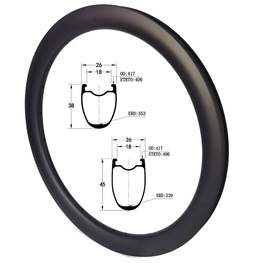20 Inch 406 451 Carbon Rims 26mm External Width 18mm  Internal Width Disc Brake Rims Brake Tubeless Compatible With Clincher 38mm 45mm Height