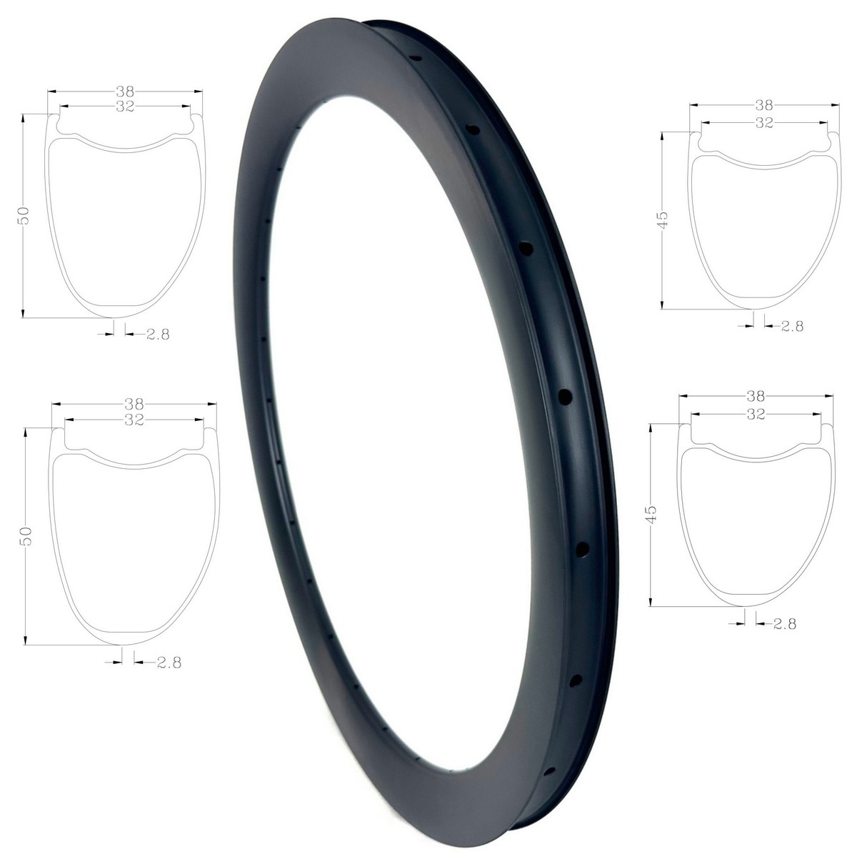 700C Ultra Light Asymmetrical Gravel Bike Carbon Rims 32mm Inner Width 45mm 50mm Depth Tubeless Ready Hook Hookless