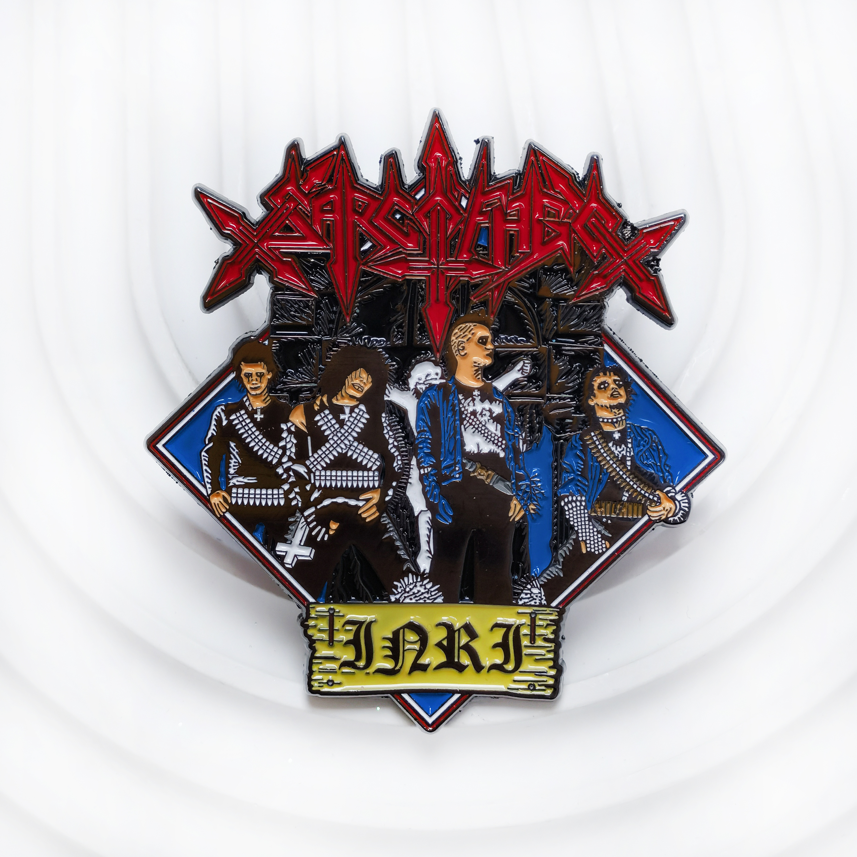 SARCOFAGO "I.N.R.I." Enamel Pin – Limited Edition Black Thrash Metal Collectible