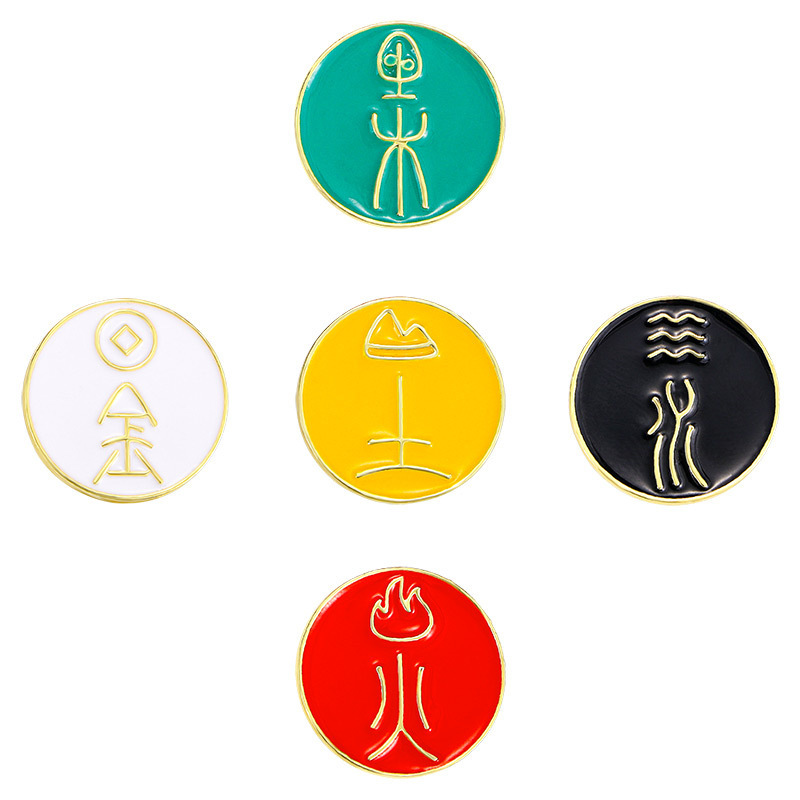 Original new national trend gold, wood, water, fire and earth five elements brooch Chinese style alloy badge clothing decoration badge