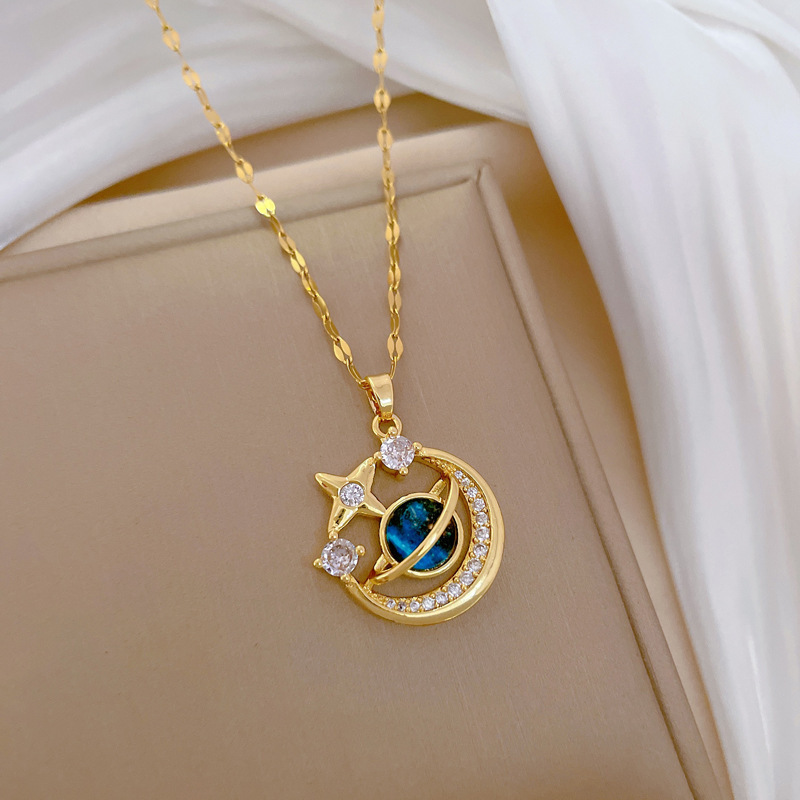 Starry Sky Planet Necklace for Women – Light Luxury, Full Diamond Clavicle Design, Versatile & Elegant