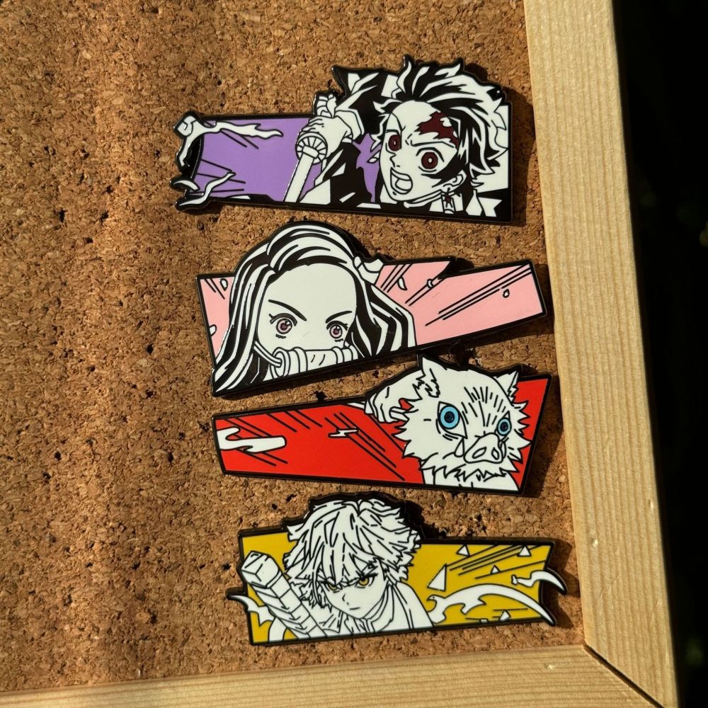 Demon Slayer Enamel Pin Set – Inosuke, Nezuko, Tanjiro & Zenitsu (Hard Enamel)