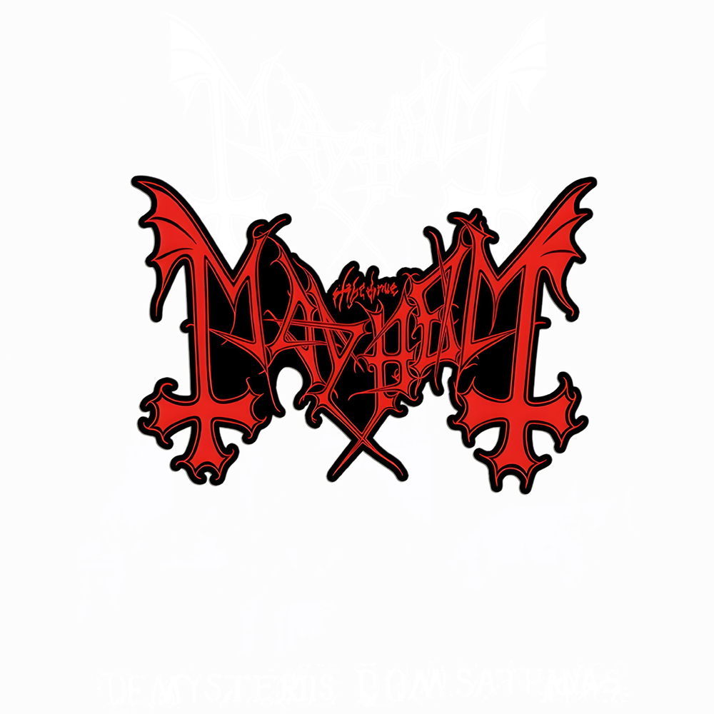 Mayhem Black Metal Band Logo Pins - Two Versions: Black/Red and Silver/White