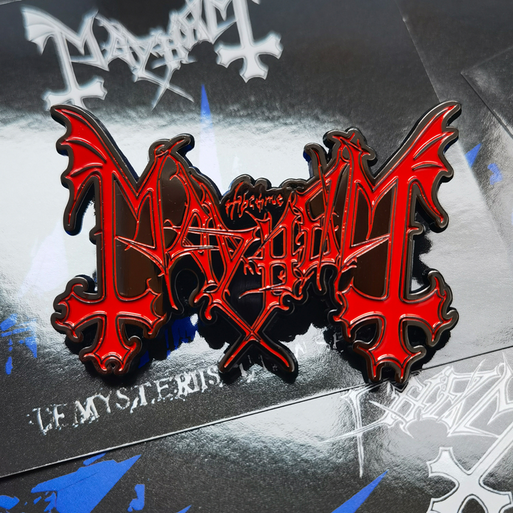 Mayhem Band Logo Pin featuring soft enamel and black nickel plating with De Mysteriis Dom Sathanas album artwork backing card.