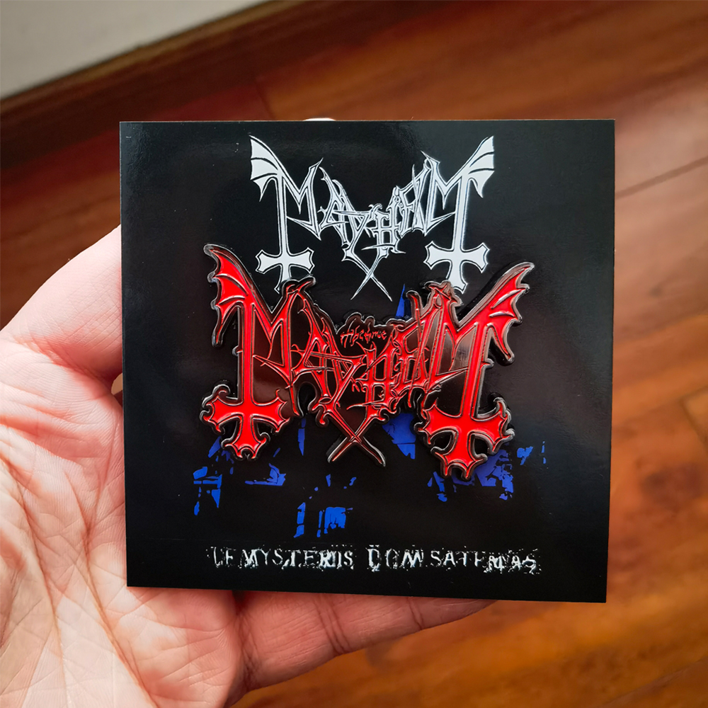 Mayhem Band Logo Pin featuring soft enamel and black nickel plating with De Mysteriis Dom Sathanas album artwork backing card.