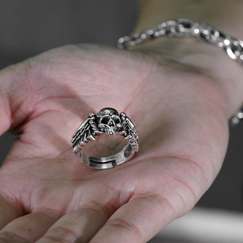 Men's ring trendy retro old punk style Thai silver hip-hop personality wings skull open ring