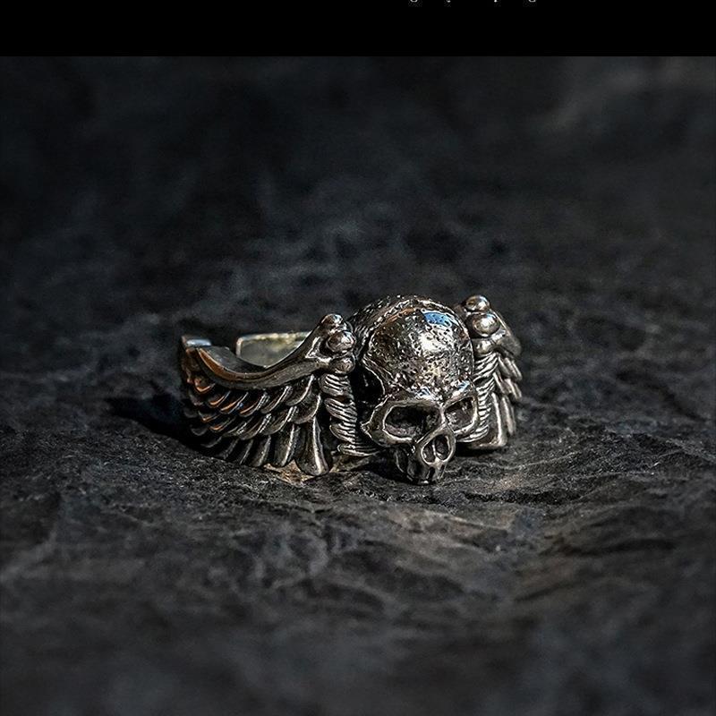 Men's ring trendy retro old punk style Thai silver hip-hop personality wings skull open ring