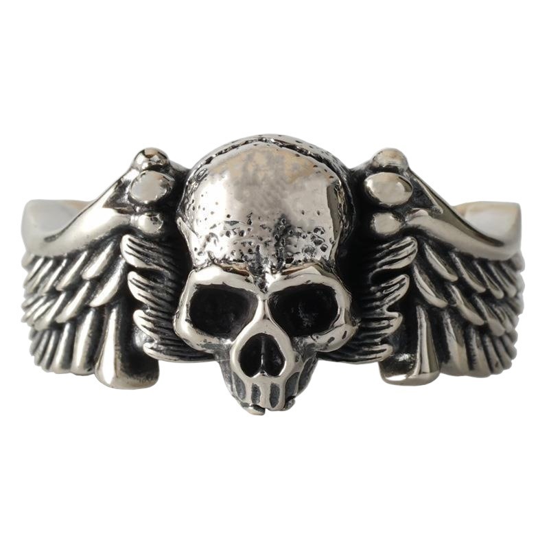 Men's ring trendy retro old punk style Thai silver hip-hop personality wings skull open ring