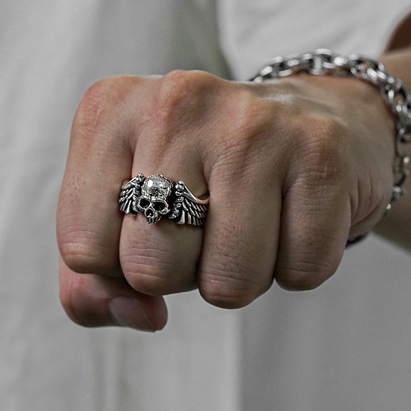 Men's ring trendy retro old punk style Thai silver hip-hop personality wings skull open ring