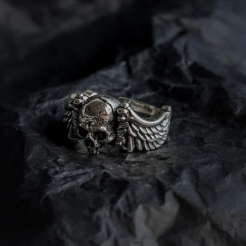 Men's ring trendy retro old punk style Thai silver hip-hop personality wings skull open ring