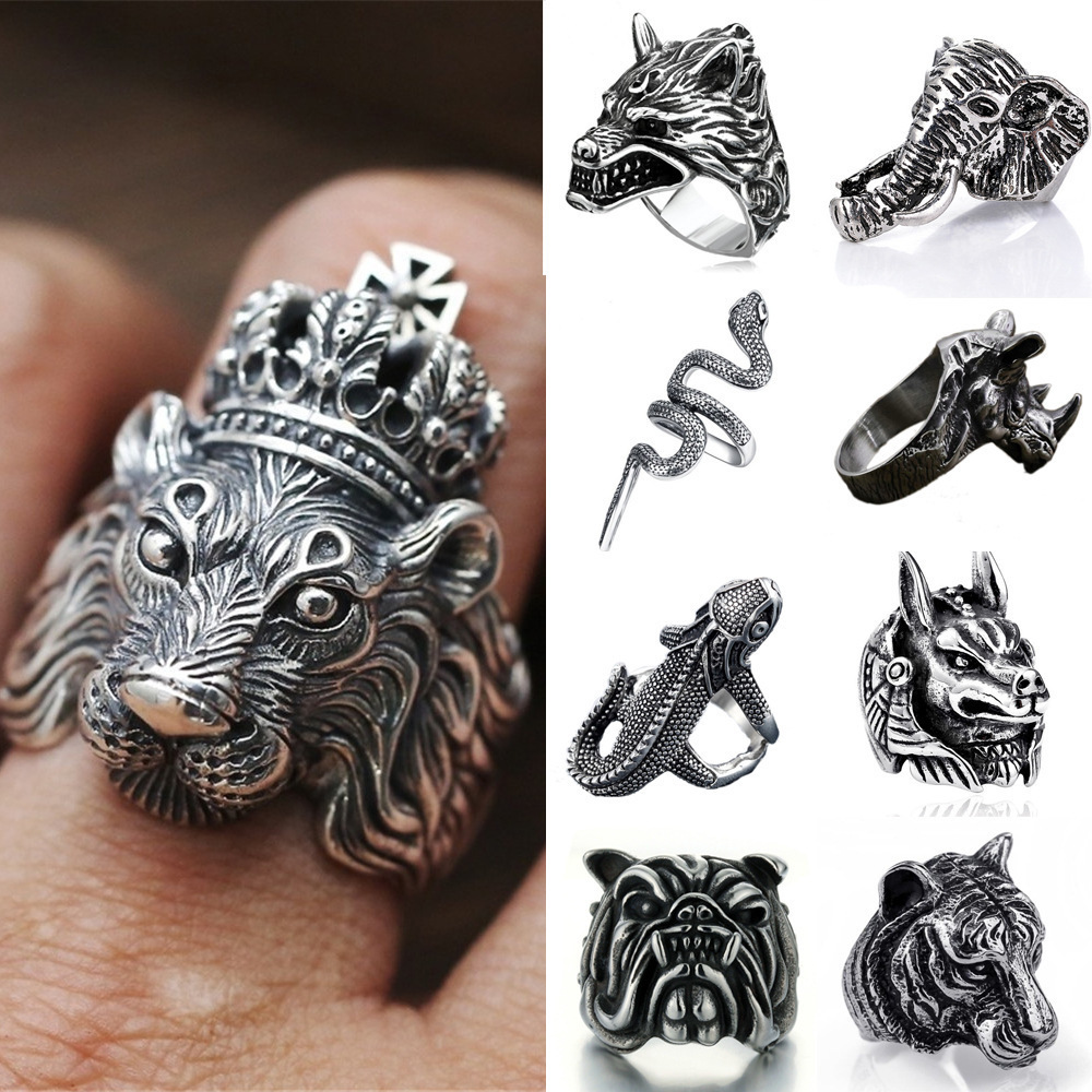 European and American retro punk snake ring lizard dog pharaoh open ring adjustable cross crown lion head ring