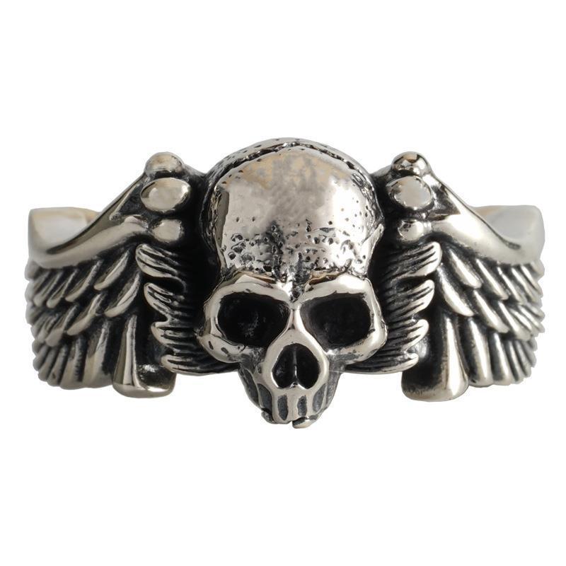 Men's ring trendy retro old punk style Thai silver hip-hop personality wings skull open ring