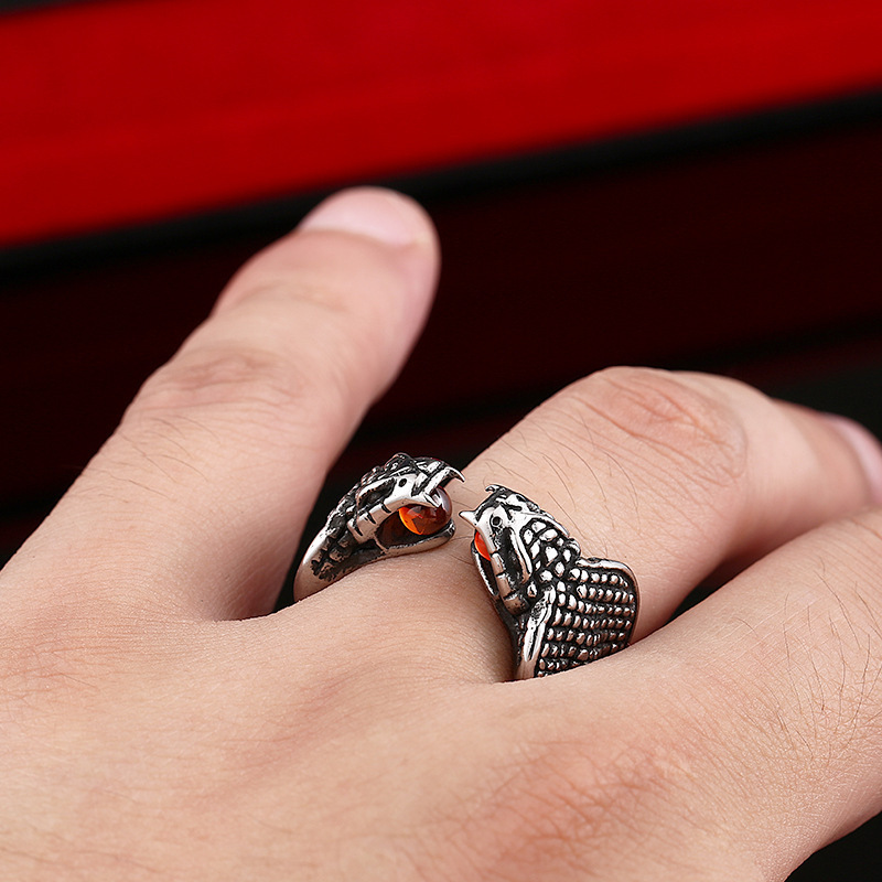 Steel Warrior Vintage Jewelry – Stainless Steel Men's Double-Headed Snake Ring with Zircon Inlay