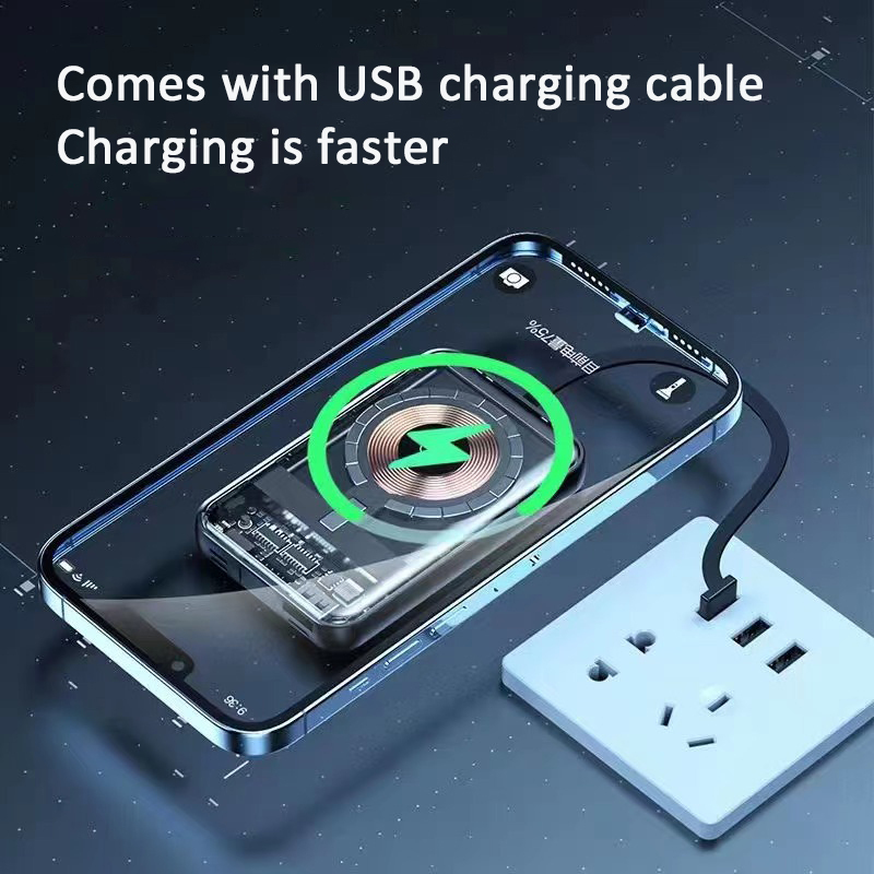 Durable Wireless Transparent Magnetic Portable Power Bank 10000mAh with charging cables