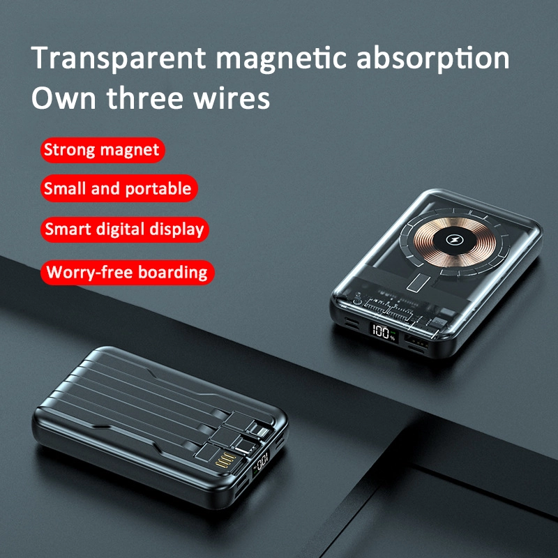 Durable Wireless Transparent Magnetic Portable Power Bank 10000mAh with charging cables