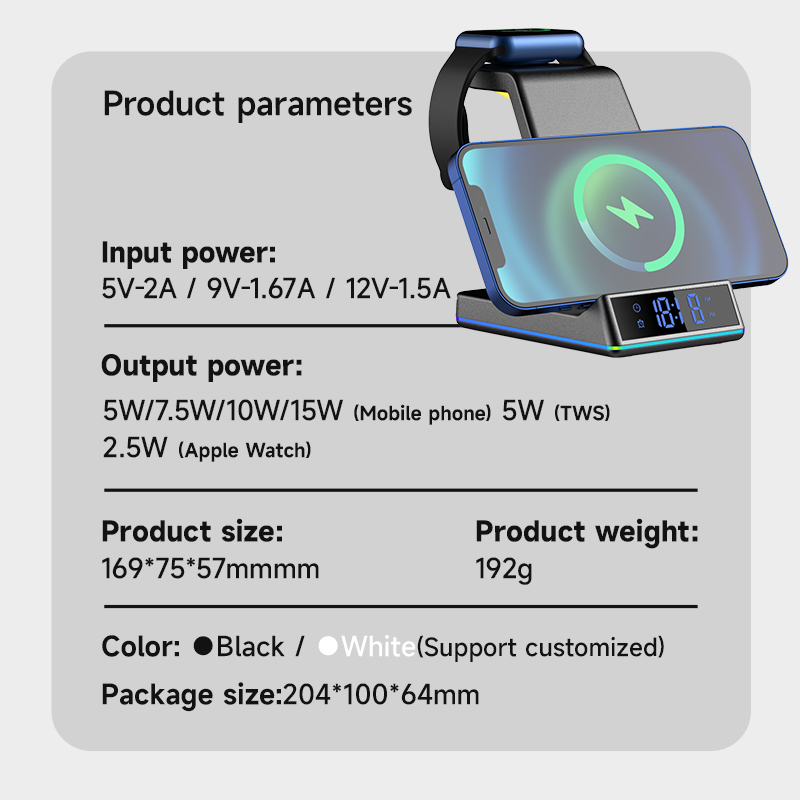 Hot Sales 3 in 1 Wireless Charger 15W Fast Charging Stand Holders Station with clock lamp function