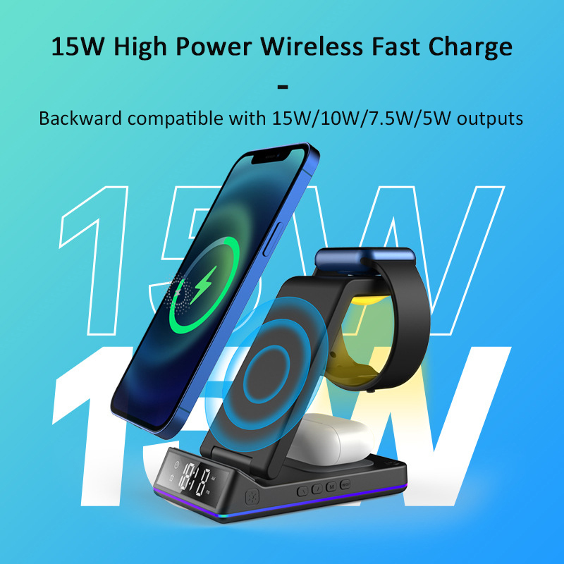 Hot Sales 3 in 1 Wireless Charger 15W Fast Charging Stand Holders Station with clock lamp function