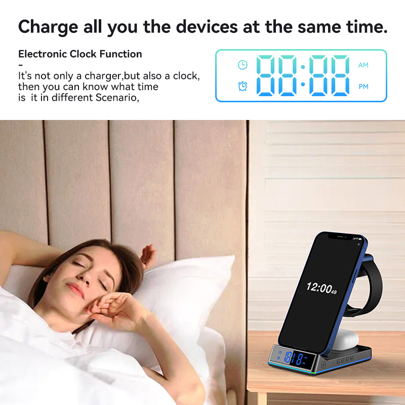 Hot Sales 3 in 1 Wireless Charger 15W Fast Charging Stand Holders Station with clock lamp function