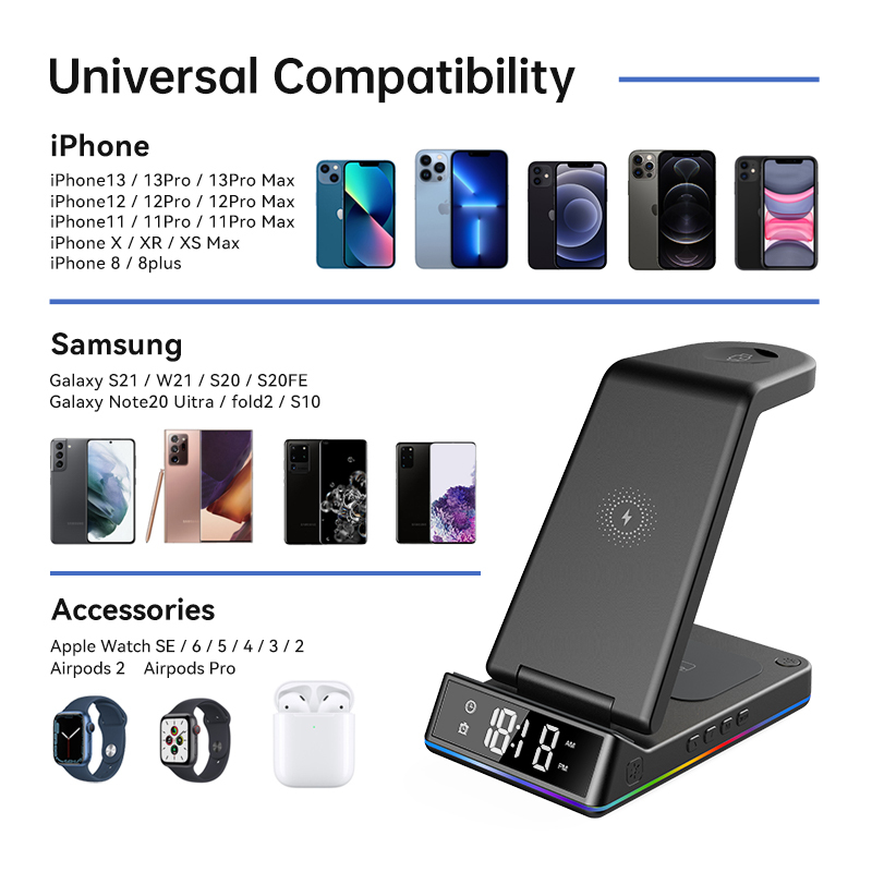 Hot Sales 3 in 1 Wireless Charger 15W Fast Charging Stand Holders Station with clock lamp function