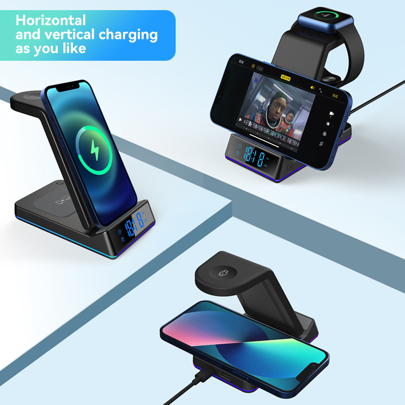 Hot Sales 3 in 1 Wireless Charger 15W Fast Charging Stand Holders Station with clock lamp function