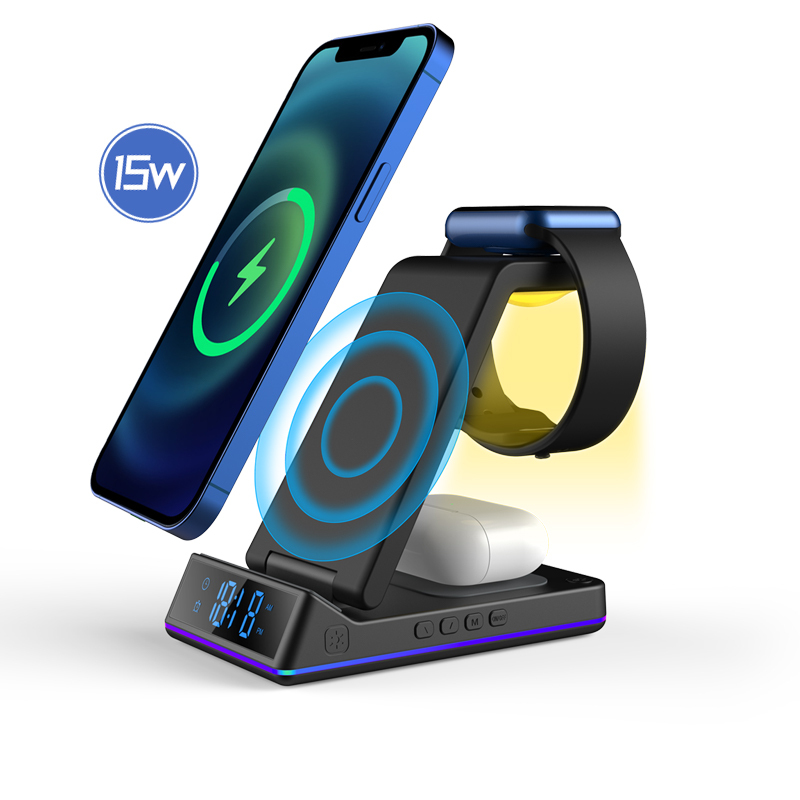 Hot Sales 3 in 1 Wireless Charger 15W Fast Charging Stand Holders Station with clock lamp function