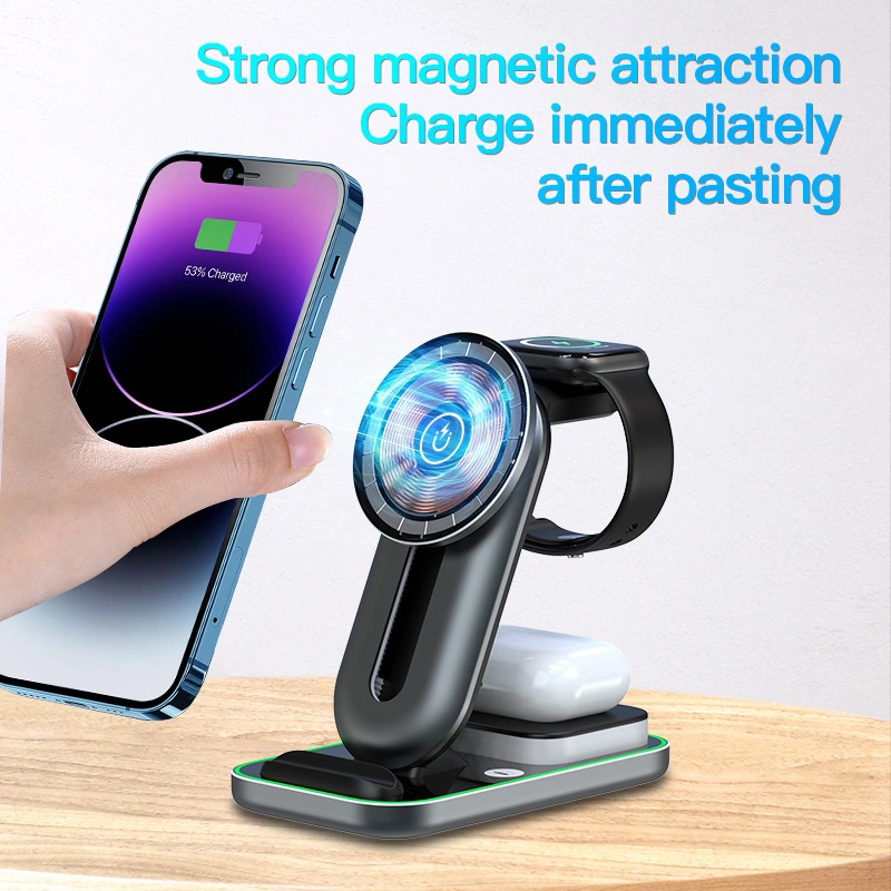 The new night light three in one wireless charger is suitable for Apple 14 Huawei mobile phones, watches, headphones, magnetic suction wireless charging