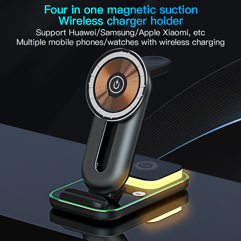 The new night light three in one wireless charger is suitable for Apple 14 Huawei mobile phones, watches, headphones, magnetic suction wireless charging