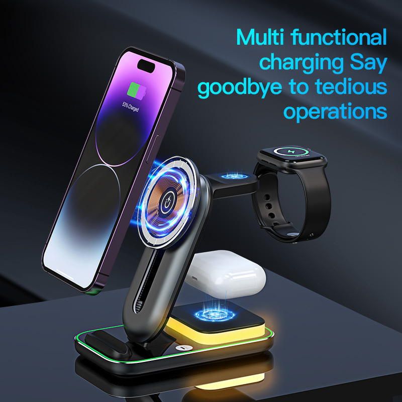 The new night light three in one wireless charger is suitable for Apple 14 Huawei mobile phones, watches, headphones, magnetic suction wireless charging