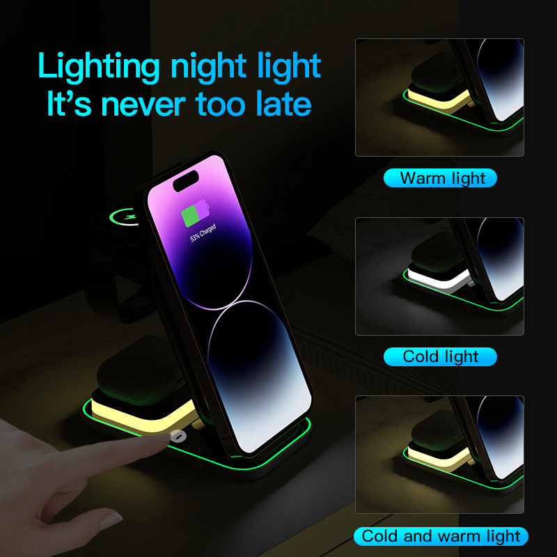 The new night light three in one wireless charger is suitable for Apple 14 Huawei mobile phones, watches, headphones, magnetic suction wireless charging