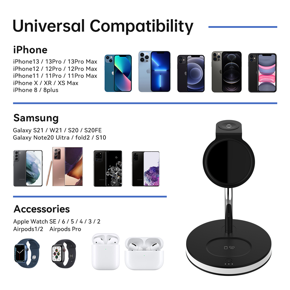 Factory direct sale iphone 3 in 1 foldable wireless charger 15w Fast 3 in 1 wireless charger stand for iphone and android
