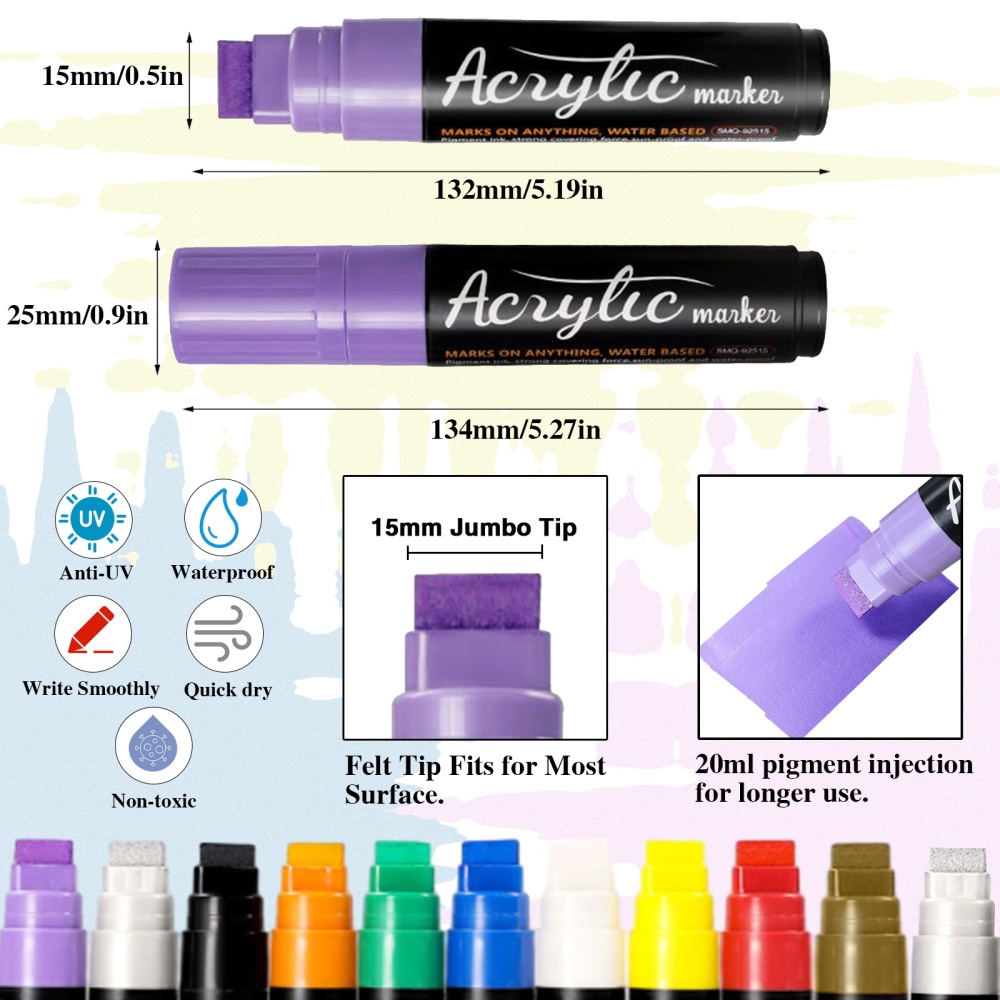 10 Graffiti Jumbo Acrylic Markers,15mm Jumbo Felt Tip Poster Paint Pens Acrylic painting Pen for Whiteboard Window Paint Glass Plastic Wood Rock and Metal Graffiti