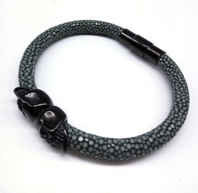 Stainless steel Skull bracelet  with Genuine Stingray skin leather cord