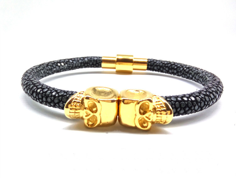 Stainless steel Skull bracelet  with Genuine Stingray skin leather cord