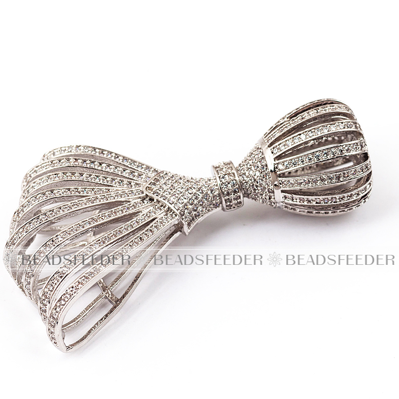 Hallow bowknot tassel head Micro paved , Clear CZ Micro Pave finding for Beading,gold/rose gold/white gold plated, 66mm 1pc