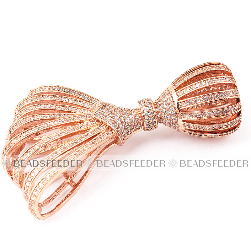 Hallow bowknot tassel head Micro paved , Clear CZ Micro Pave finding for Beading,gold/rose gold/white gold plated, 66mm 1pc