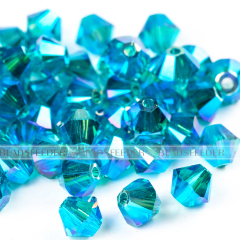 50pcs Austrian Crystal Beads, 5301/5328 4mm, Bicone beads, Blue Zircon AB2X / 229AB2X, Size: about 4mm long, 4mm wide, Hole: 1mm