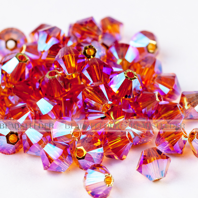 50pcs Austrian Crystal Beads, 5301/5328 4mm, Bicone beads,  Topaz AB2X / 203AB2X, Size: about 4mm long, 4mm wide, Hole: 1mm