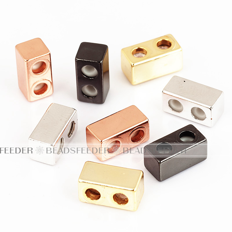 Pack 5 twin hole rectangula stopper beads ,shinny finish,with Rubber silicone inernal Ring,Gasket for bracelet and Necklace, 10x5x5mm, Hole size 1.8mm