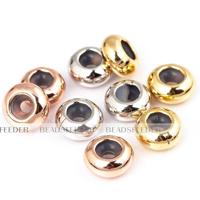 Pack 5 donut shape stopper beads,shinny finish,with Rubber silicone inernal Ring,Gasket for bracelet and Necklace, 8x4mm, Hole size 1.6mm