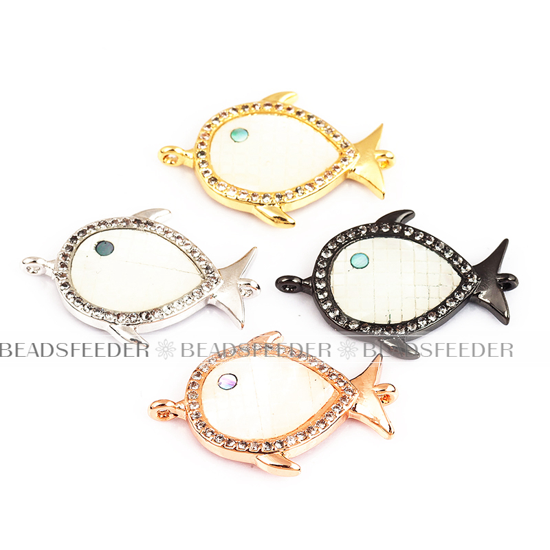 Fish connector，with white abalone shell chips，clear cubic zirconia CZ micro pave , space connector ,24x16.5mm